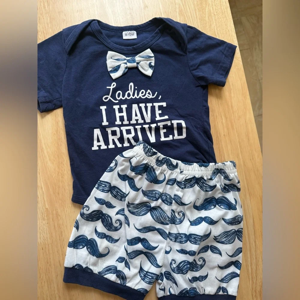 Navy Blue Kids Set with Bow Tie and Mustache Print